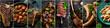 Collage of different assortment of barbecue, fried steaks, kebabs and sausages, grill menu. Banner with photos of meat.