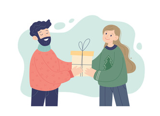 Wall Mural - Christmas presents concept. Woman giving a present to a man. Vector illustration in simple style