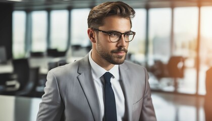 Sticker - Handsome Businessman in a Modern, Brightly Lit Office Wearing Formal Attire