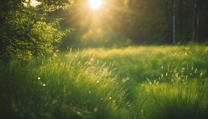 Wall Mural - Summer beautiful spring forest featuring defocused green trees, wild grass, and sun beams for perfect natural landscape background