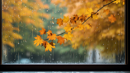 Wall Mural - rain outside the window in the landscape of autumn park and yellow leaves.