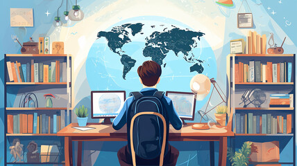 Fototapete - student at the table view from the back learning global drawing picture graphics