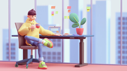 Young successful programmer guy in yellow hoodie sits cross-legged on an office chair at computer desk, holds red cup of coffee in his hand, enjoys the cityscape from the panoramic windows. 3d render.
