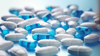 selective focus on blue and white pill capsules spread on white background with shadow. generative a