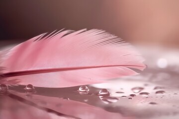 Poster - Light airy neutral background in pink tones with drop of water on feather,abstract art wallpaper about feather and water drops