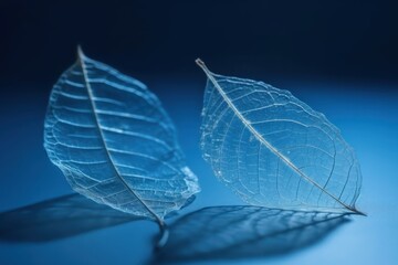  Two transparent white skeleton leaves macro on blue background,beautiful wallpaper background 
