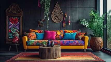 Wall Mural - Boho style living room interior with sofa and coach