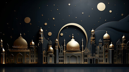 Wall Mural - golden arab palace greeting lights up at night fairy tale black background.