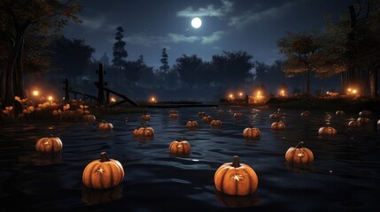 portrayal of a moon light pond pumpkins