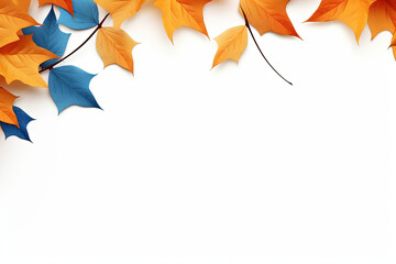 Wall Mural - Autumn Orange orange and blue leaves Frame, Copy Space, white background