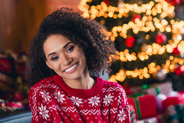 Sticker - Portrait of cheerful adorable person beaming smile good mood magic christmas time comfort house inside