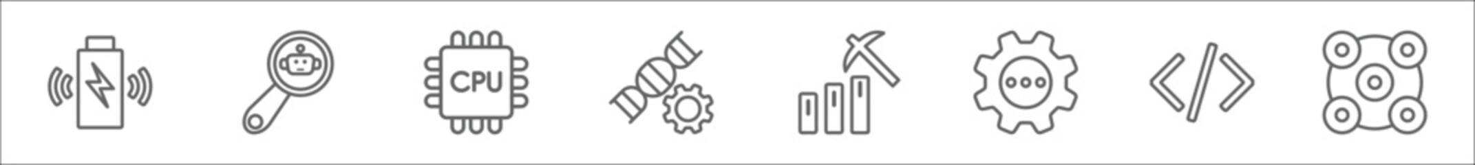 Poster - outline set of artificial intellegence line icons. linear vector icons such as wireless charging, microbots, cpu, genetic modification, data mining, processing, code, ar camera