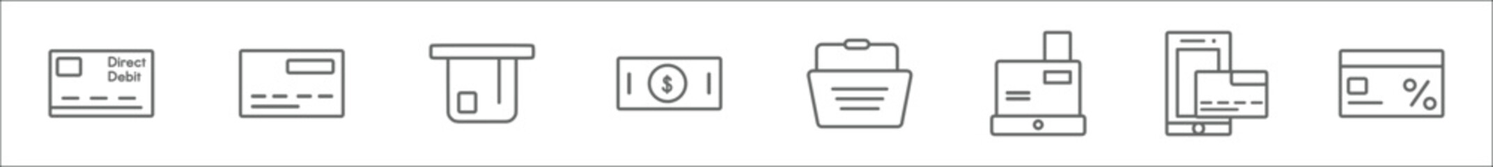 Wall Mural - outline set of ecommerce line icons. linear vector icons such as direct debit, debit card, insert card, cash, shopping basket, cashbox, payment method, loyalty card