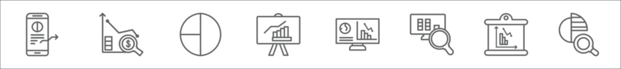 Poster - outline set of analytics line icons. linear vector icons such as mobile stock data, dollar analysis bars, graph pie, growth, dashboard, database analysing, business analytics graphics, data analysis