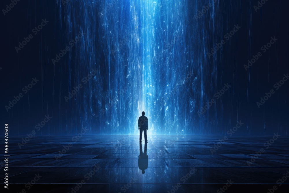 silhouette of a person standing in the night in front blue light energy ...