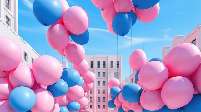 pink and blue balloons on blue sky and a cityscape in the background