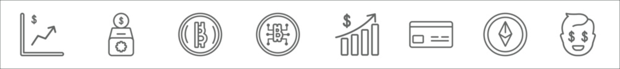 Wall Mural - outline set of economyandfinance line icons. linear vector icons such as crypto invest, saving, bitcoin, circuit, profit, card, , greed