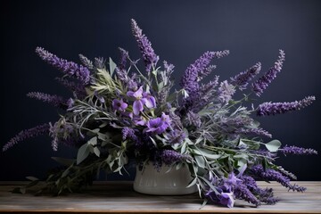 Wall Mural - Stunning lavender arrangement with foliage on a plain backdrop. Ideal for overhead or flat lay photography. Generative AI