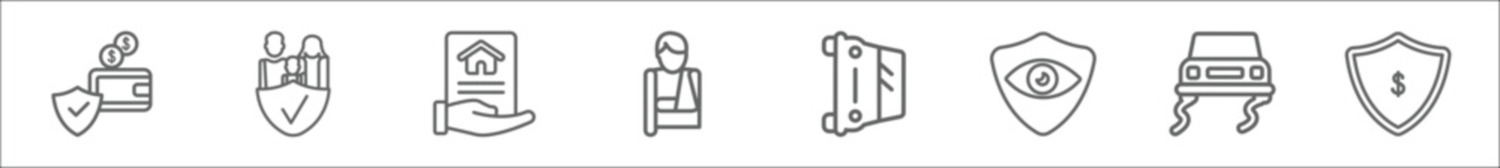 Wall Mural - outline set of insurance line icons. linear vector icons such as deposit insurance, family insurance, mortgage, broken arm, overturned vehicle, vision slippery road, of a shield with dollar