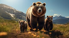North American Grizzly Bears, Featuring Their Powerful Presence In The Wild. Generative AI