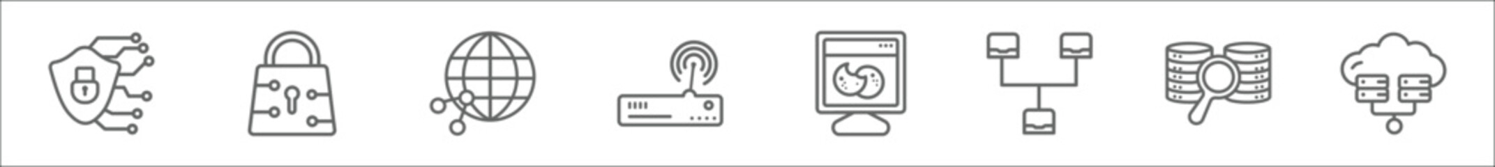 Poster - outline set of networking line icons. linear vector icons such as cyber security, traffic encryption, network conection, modem, web cookies, local network, data search, virtualization