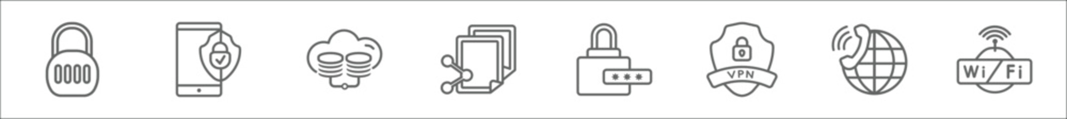 Poster - outline set of networking line icons. linear vector icons such as locked, mobile phone security, cloud server, file sharing, pin code, virtual private network, voice over internet protocol, wlan