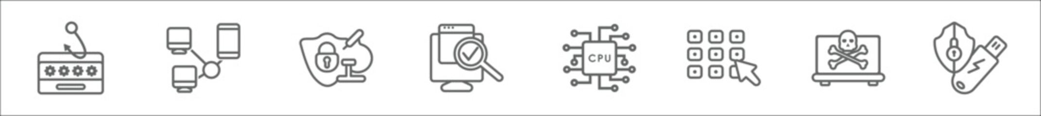 Poster - outline set of internet security line icons. linear vector icons such as phishing, networking, medical research, scan, processor, passkey, internet attack, pendrive security