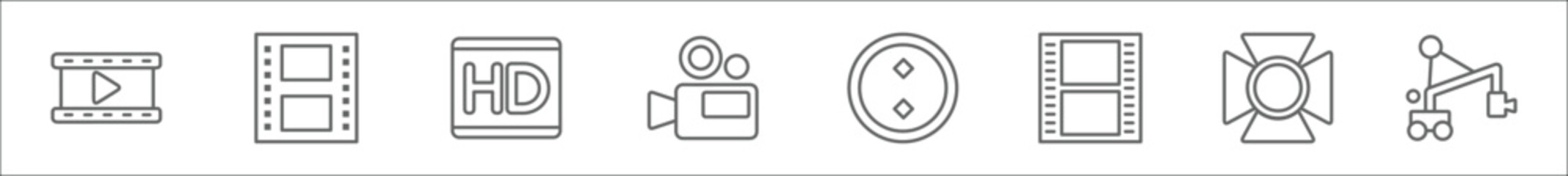 Poster - outline set of cinema line icons. linear vector icons such as film strip with play triangle, image fotogram, hd, solid, round carpet, film strip of two photograms, movie light, jimmy jib