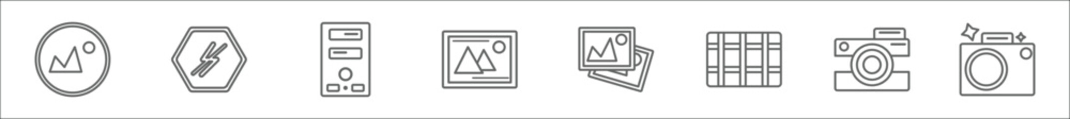 Poster - outline set of electronic stuff fill line icons. linear vector icons such as scenic, flash off, computer tower, landscape photo, picture, screen grid, photograph, photo camera with flash