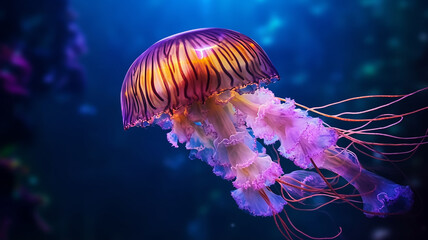 Poster - fantastic glowing jellyfish, ocean alien underwater creature.