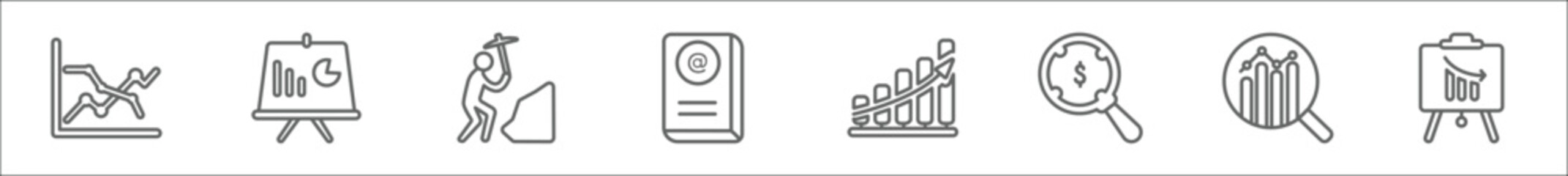 Poster - outline set of business line icons. linear vector icons such as line chart statistics, data analytics graphic on a presentation screen, worker digging a hole, email contacts, data analytics upgoing