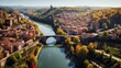 Aerial view concept of the French town of Albi on the banks of the Tarn river on an autumn day.,Generative AI
