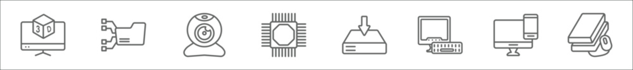 Wall Mural - outline set of computer line icons. linear vector icons such as 3d screen, connected folder data, webcamera, computer micro chip, save file, workstation, responsive de, book and computer mouse