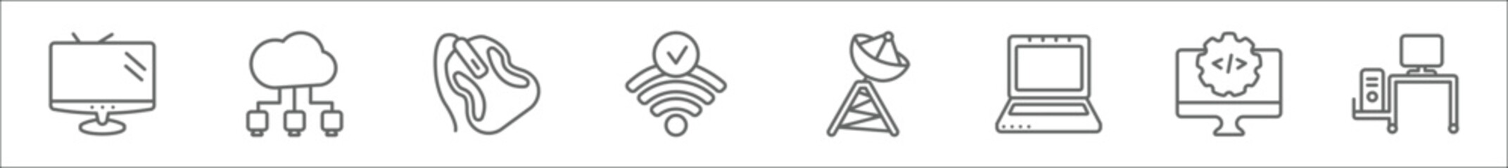 Poster - outline set of computer line icons. linear vector icons such as televisions, cloud network, mouse device, wi fi, telecommunications, open laptop on, develope, school desk