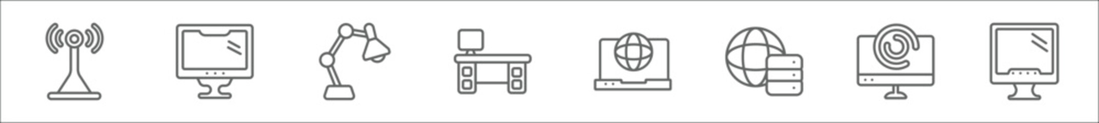 Poster - outline set of computer line icons. linear vector icons such as wireless internet connection, computer and monitor, study lamp, boss office, surfing the net, internet server, circular de, monitor