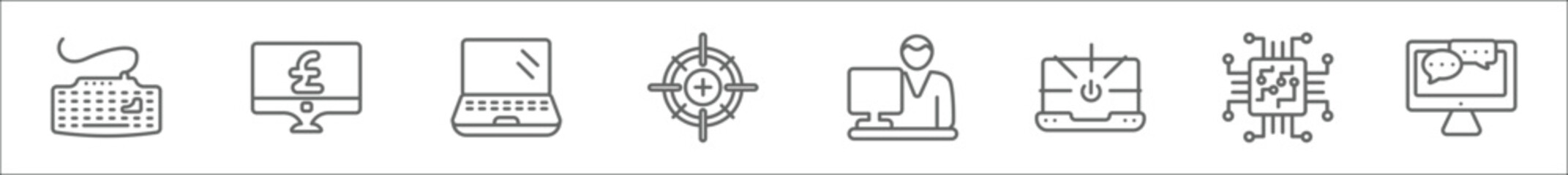 Poster - outline set of computer line icons. linear vector icons such as keyboard with cable, pound, widescreen laptop, calibrate, personal computer and worker, open laptop with shining screen, chips, online