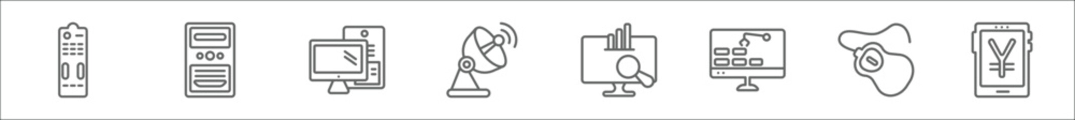 Poster - outline set of computer line icons. linear vector icons such as tv controller, pc tower, pc with monitor, parabolic dish and, data analyser, industrial, device, yen currency on tablet screen