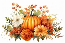 Watercolor Illustration Of Festive Autumn Pumpkin Arrangement With Floral Elements. Generative AI
