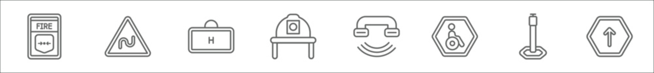 Poster - outline set of alert line icons. linear vector icons such as fire button, bend, medical support, firefighter helmet, call center, handicap, bollard, ahead