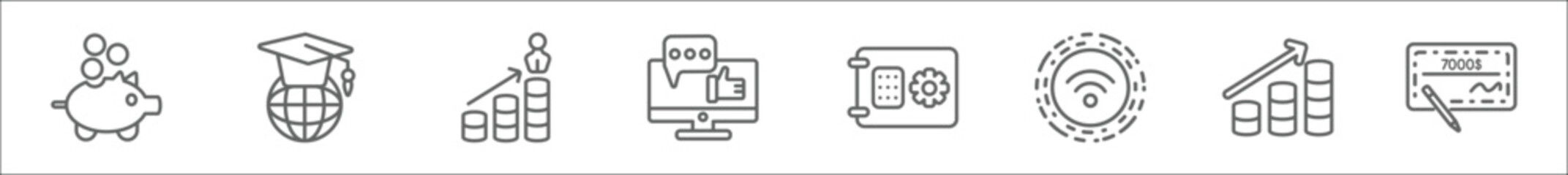 Poster - outline set of digital economy line icons. linear vector icons such as piggy bank, education, growth, social media, safebox, wireless, bar chart, checkbook