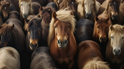 herd of horses close-up, many heads of horses background.