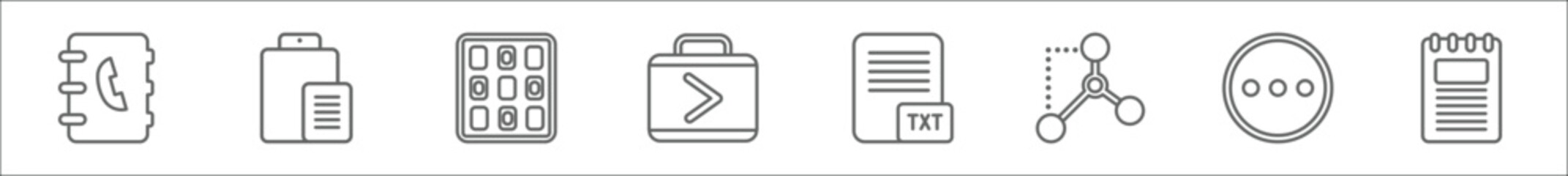 Poster - outline set of content line icons. linear vector icons such as phone book, paste, thumbnails, next w