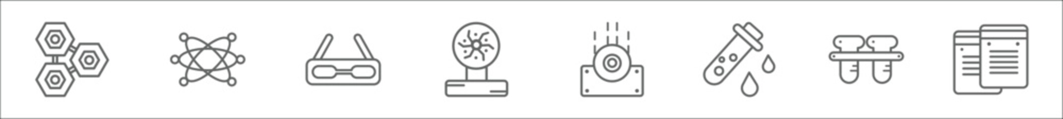 Wall Mural - outline set of science line icons. linear vector icons such as cells, atoms, eye protector, plasma b