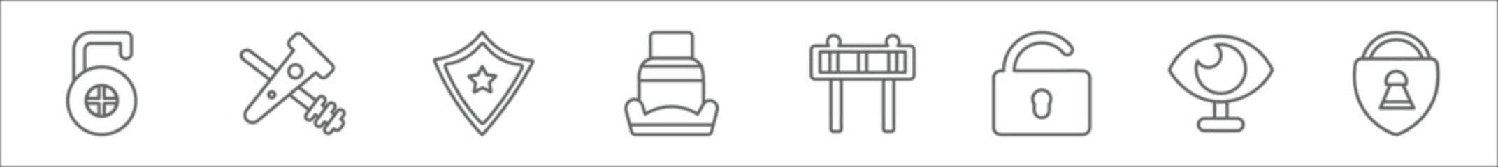 Poster - outline set of security line icons. linear vector icons such as open access, police tools, police shield, safety seat, barricade, unlocked padlock, insight, padlocks