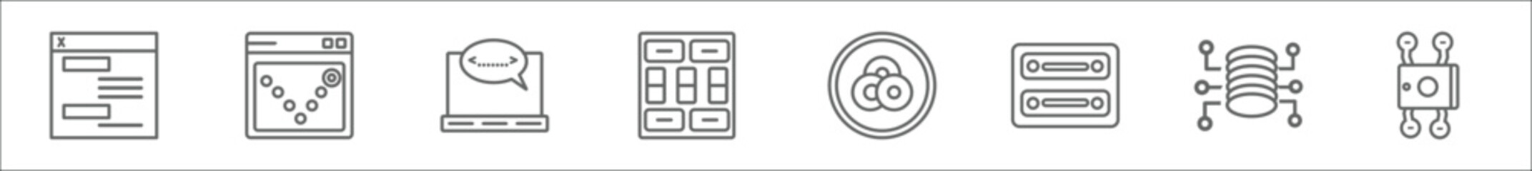 Poster - outline set of technology line icons. linear vector icons such as user interface, bounce rate, opening tag and closing tags, mood board, colory theory, virtual hine, data architecture, content