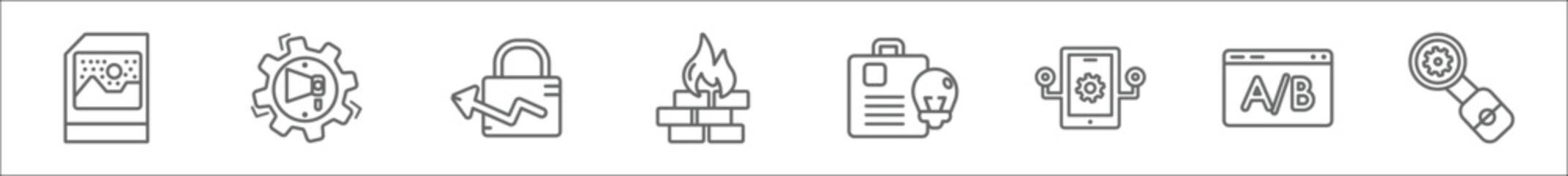 Poster - outline set of technology line icons. linear vector icons such as raster images, marketing automation, growth hacking, firewalls, content marketing, native apps, a/b testing, search engine marketing