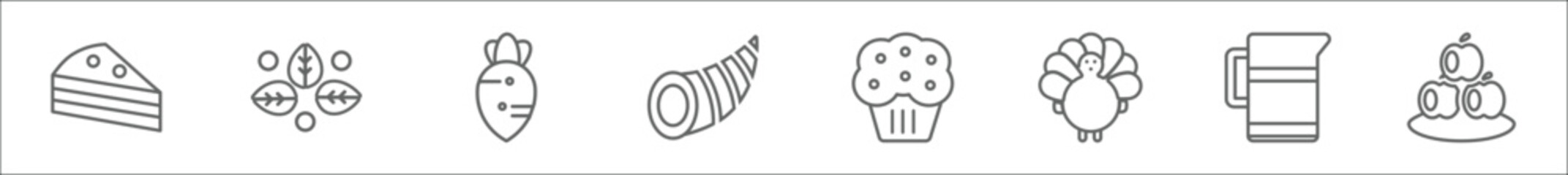 Poster - outline set of thanksgiving line icons. linear vector icons such as piece of cake, fall, beet, cornu