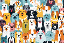 Domesticated Pet Breeds Quirky Doodle Pattern, Wallpaper, Background, Cartoon, Vector, Whimsical Illustration