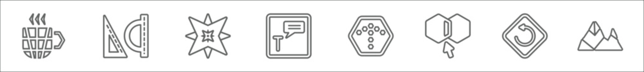 Poster - outline set of geometry line icons. linear vector icons such as polygonal coffee cup, , ornamental rotating polygonal, text, polygonal arrow up, join, undo, mountains