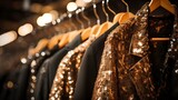 Fototapeta  - Luxurious evening dresses in sequins on hangers in the fitting room. Generation AI